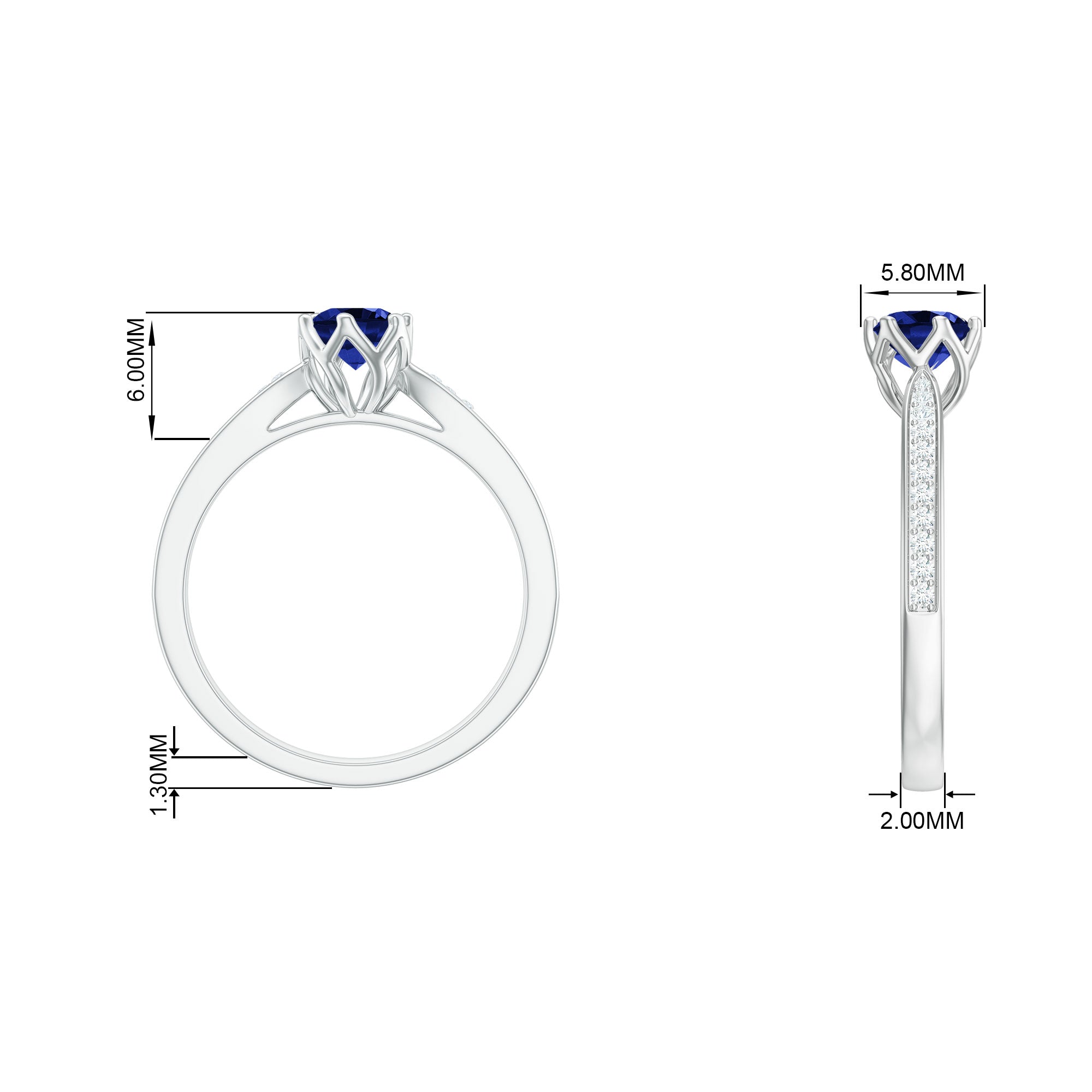 Created Blue Sapphire Solitaire Ring in Decorative Set with Diamond Lab Created Blue Sapphire - ( AAAA ) - Quality - Rosec Jewels