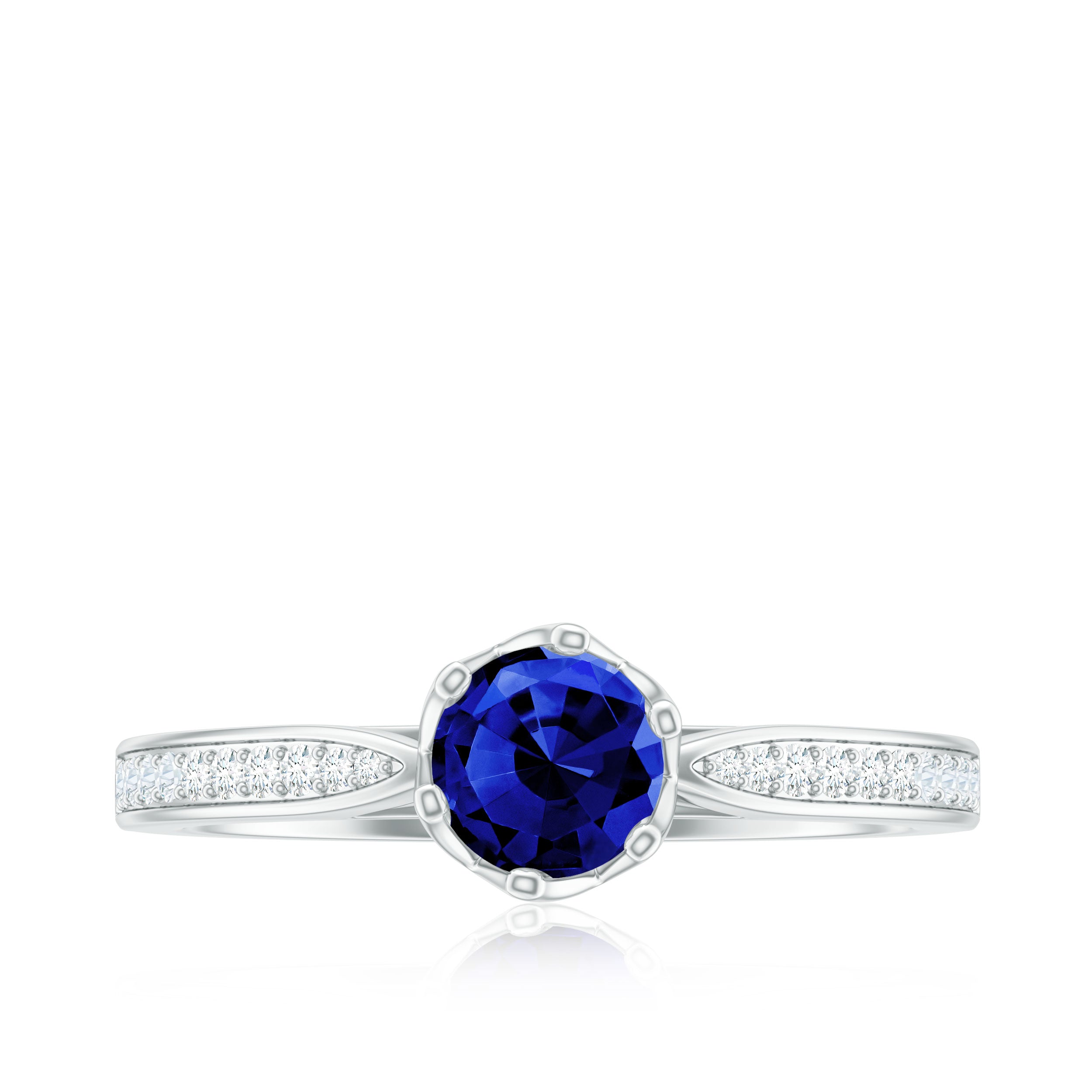 Created Blue Sapphire Solitaire Ring in Decorative Set with Diamond Lab Created Blue Sapphire - ( AAAA ) - Quality - Rosec Jewels