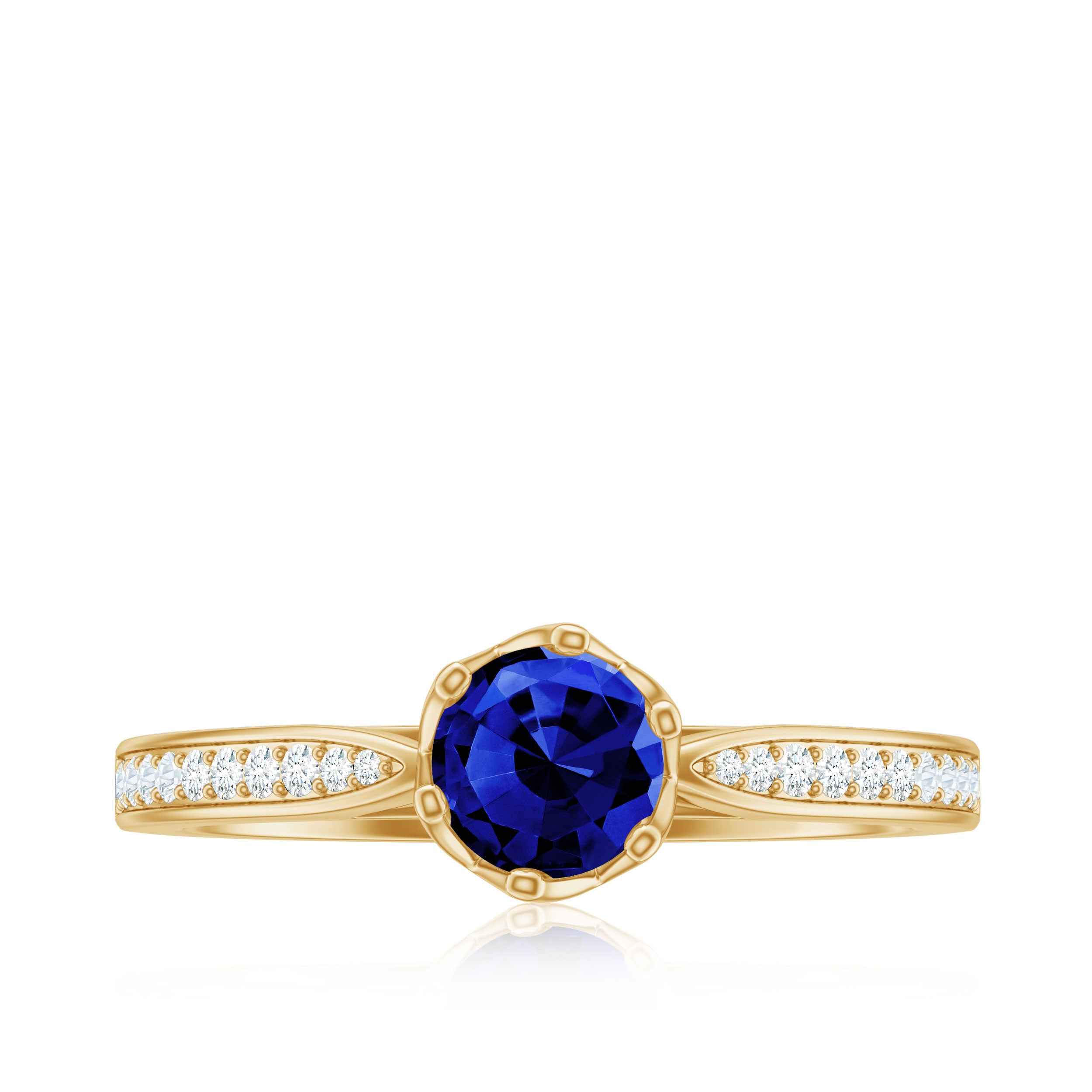 Created Blue Sapphire Solitaire Ring in Decorative Set with Diamond Lab Created Blue Sapphire - ( AAAA ) - Quality - Rosec Jewels