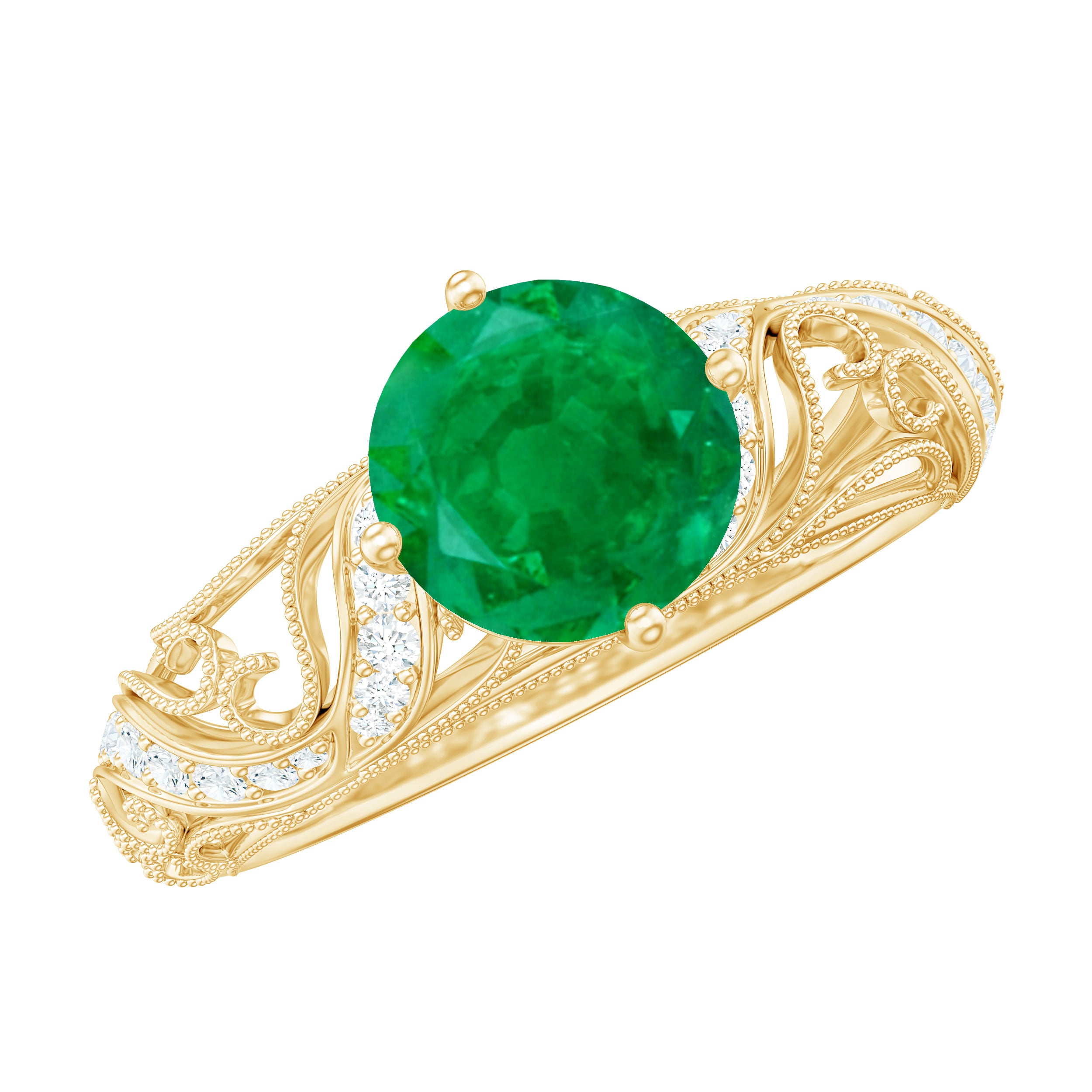 Round Emerald Vintage Inspired Engagement Ring with Diamond Emerald - ( AAA ) - Quality - Rosec Jewels