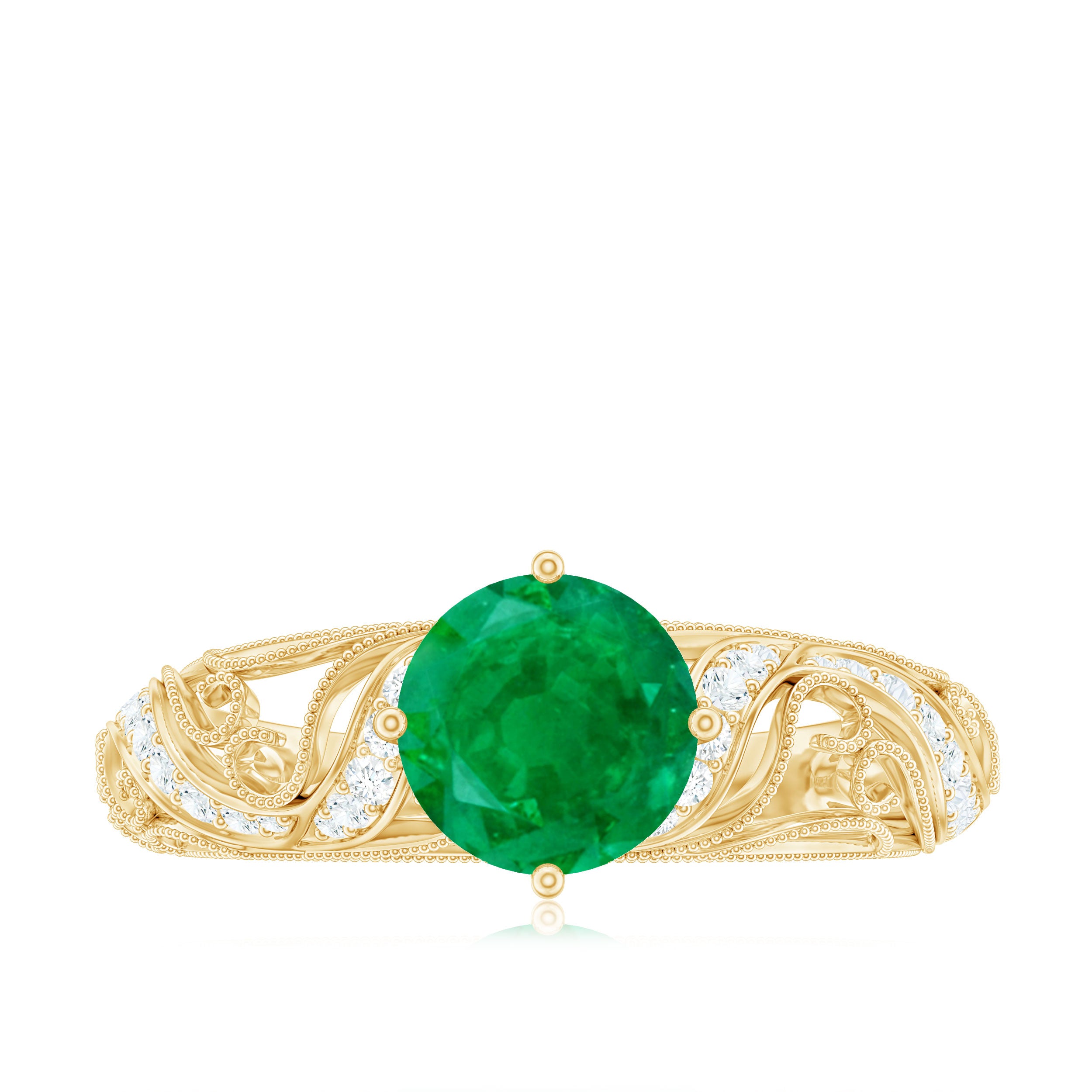 Round Emerald Vintage Inspired Engagement Ring with Diamond Emerald - ( AAA ) - Quality - Rosec Jewels