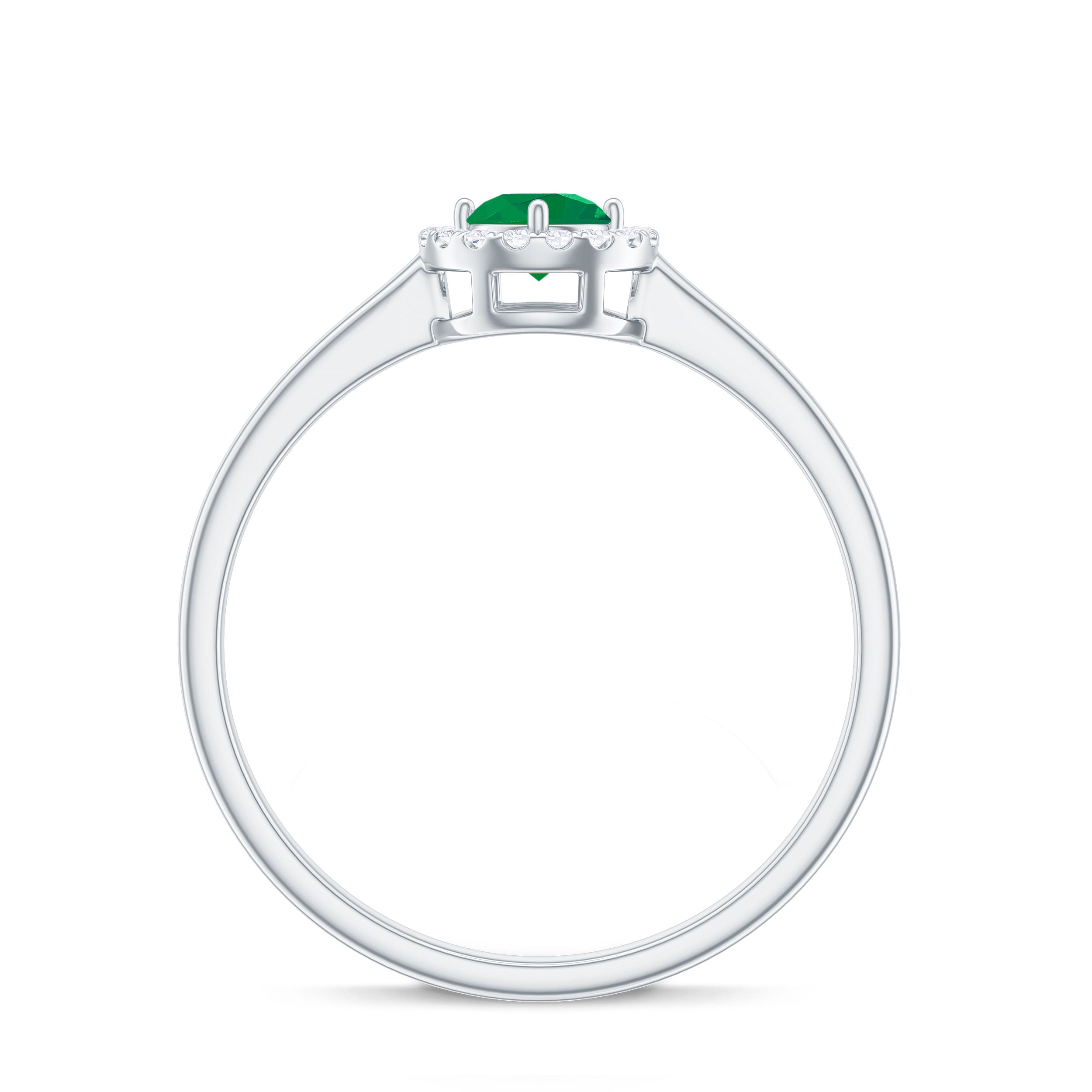 Round Emerald Promise Ring with Diamond Halo Emerald - ( AAA ) - Quality - Rosec Jewels