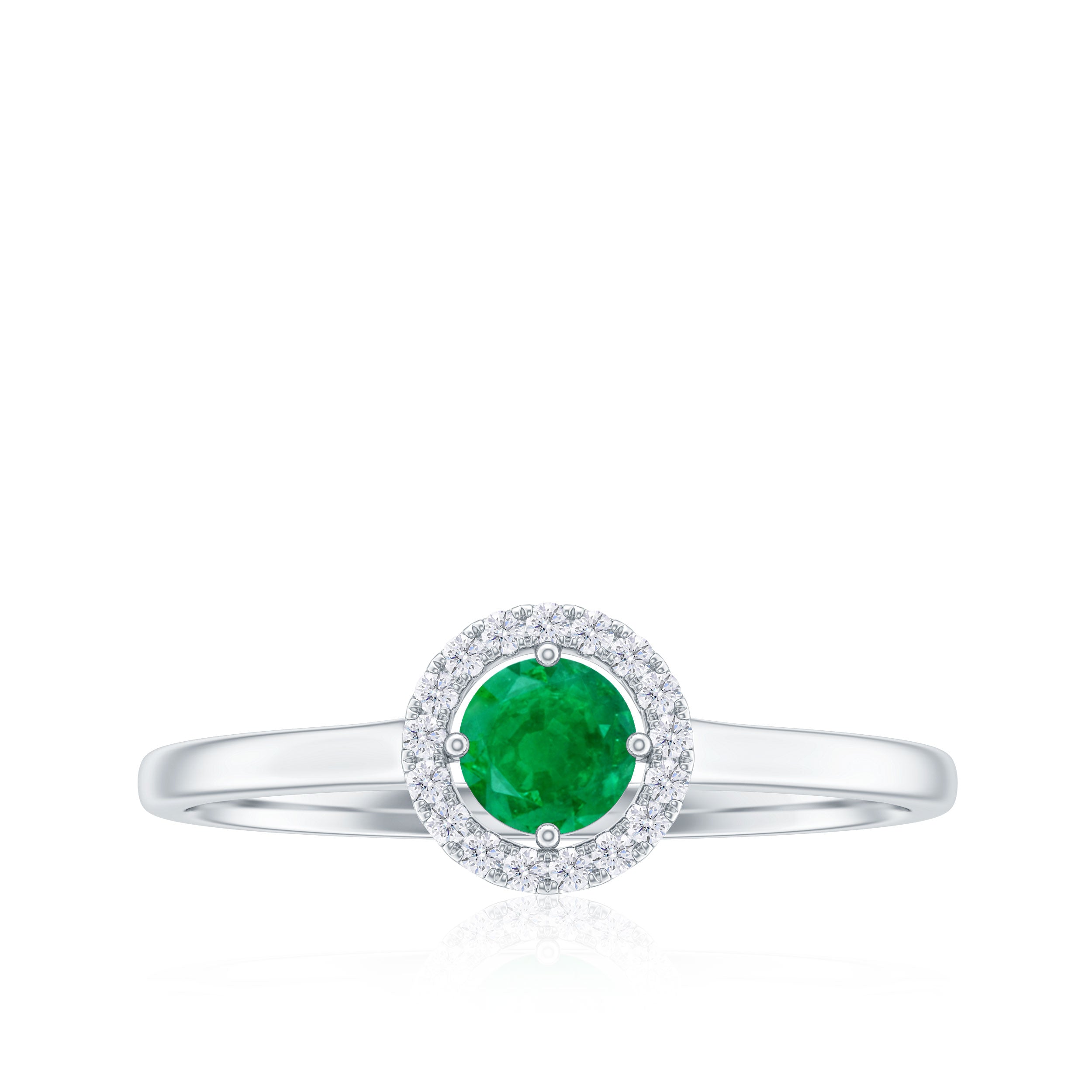 Round Emerald Promise Ring with Diamond Halo Emerald - ( AAA ) - Quality - Rosec Jewels