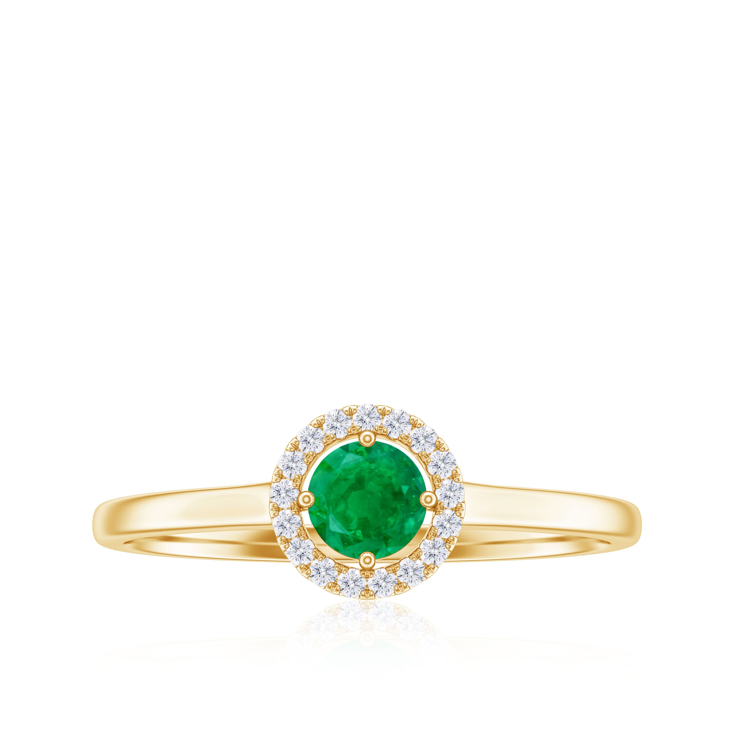 Round Emerald Promise Ring with Diamond Halo Emerald - ( AAA ) - Quality - Rosec Jewels