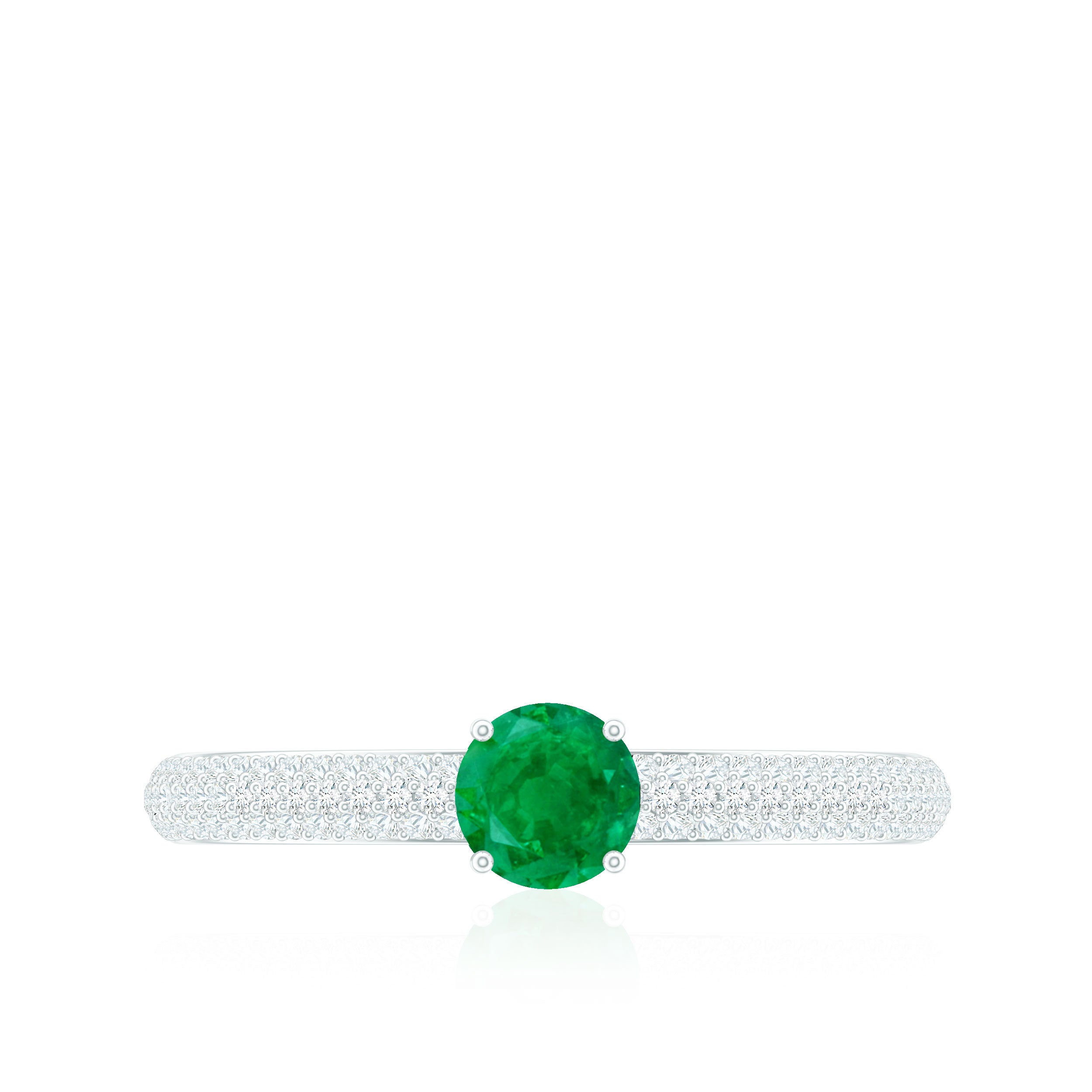 Round Emerald Solitaire Ring with Diamond Side Stones Emerald - ( AAA ) - Quality - Rosec Jewels