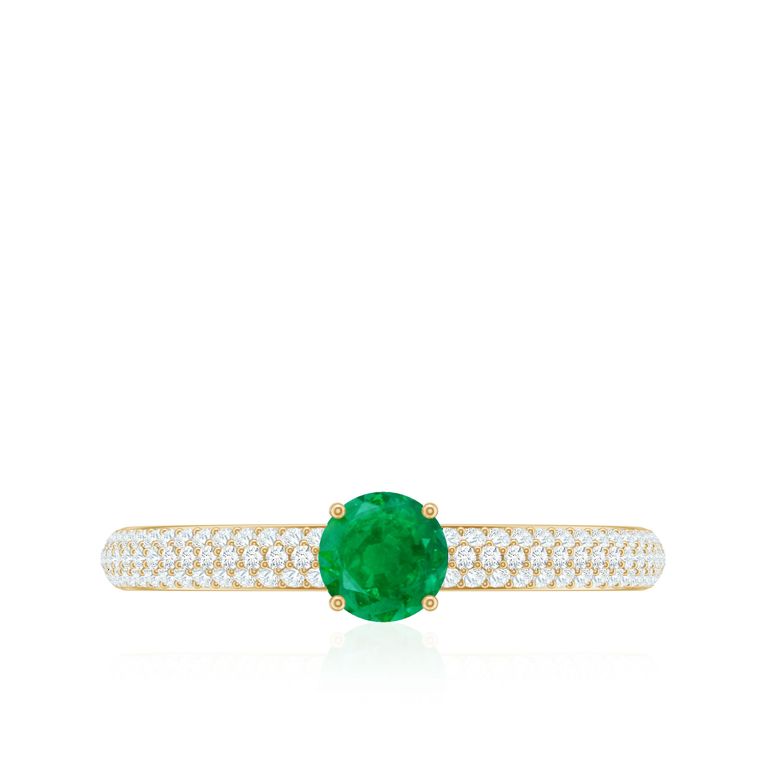 Round Emerald Solitaire Ring with Diamond Side Stones Emerald - ( AAA ) - Quality - Rosec Jewels