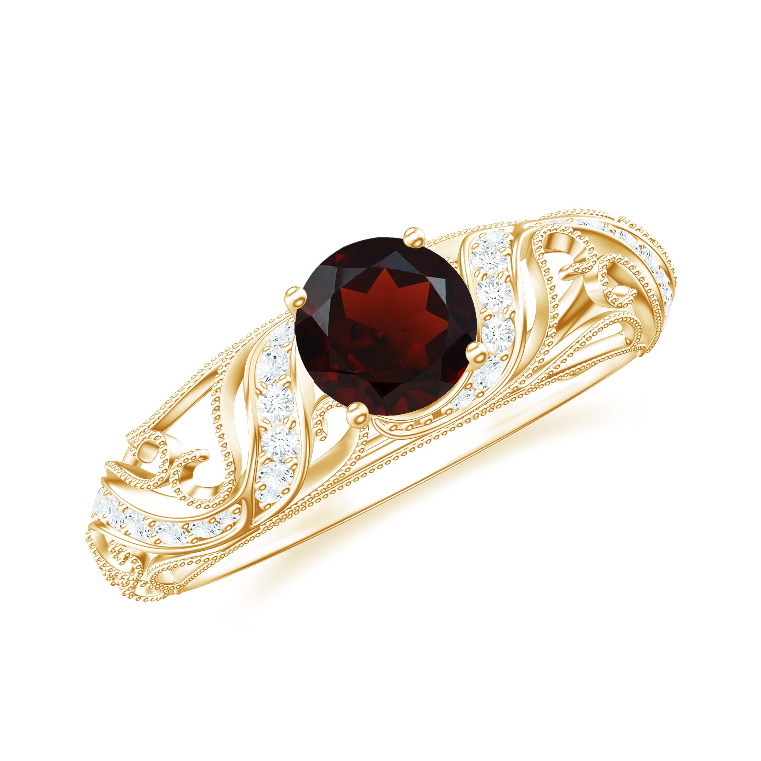 1 CT Round Shape Garnet and Diamond Cutout Vintage Ring with Milgrain Details Garnet - ( AAA ) - Quality - Rosec Jewels