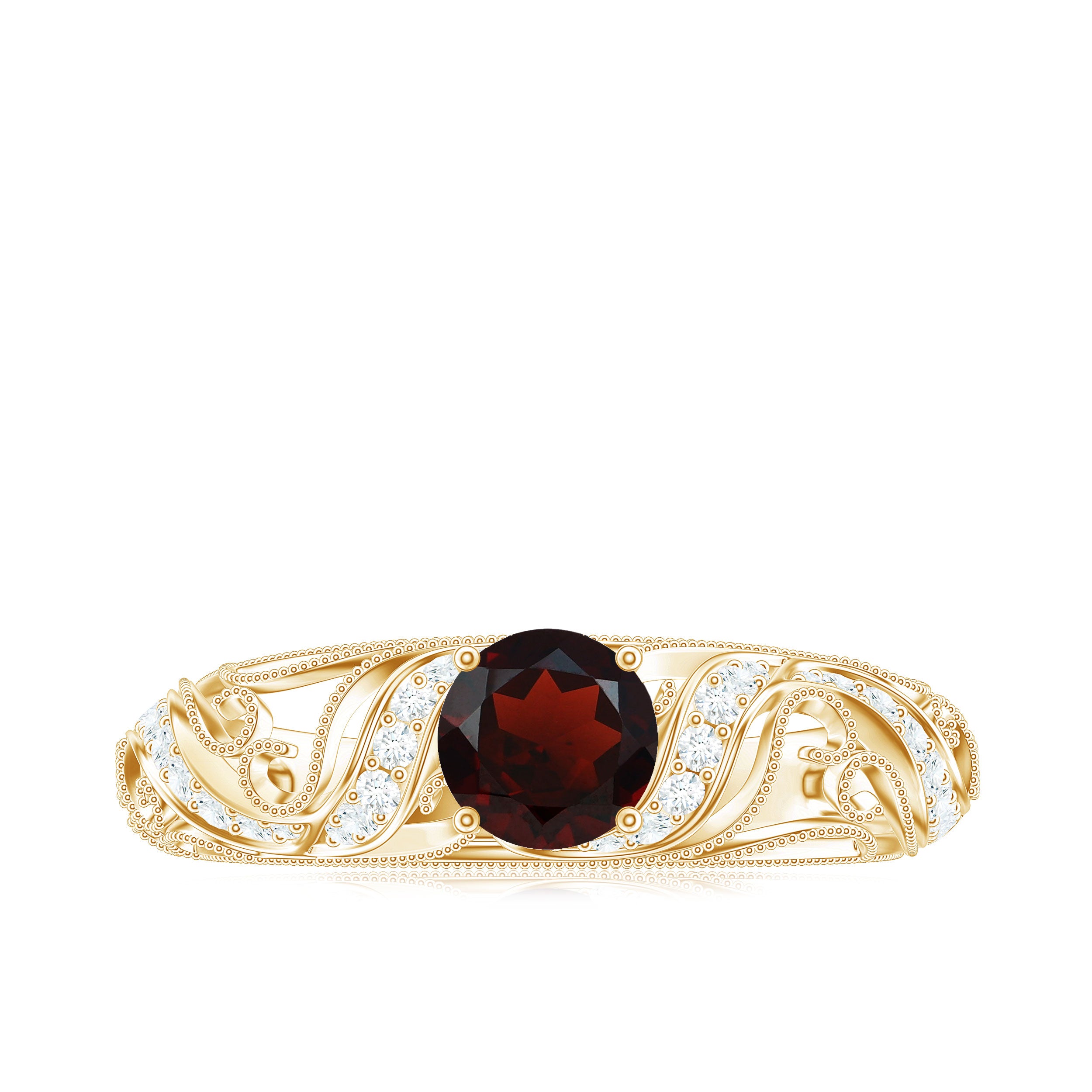 1 CT Round Shape Garnet and Diamond Cutout Vintage Ring with Milgrain Details Garnet - ( AAA ) - Quality - Rosec Jewels