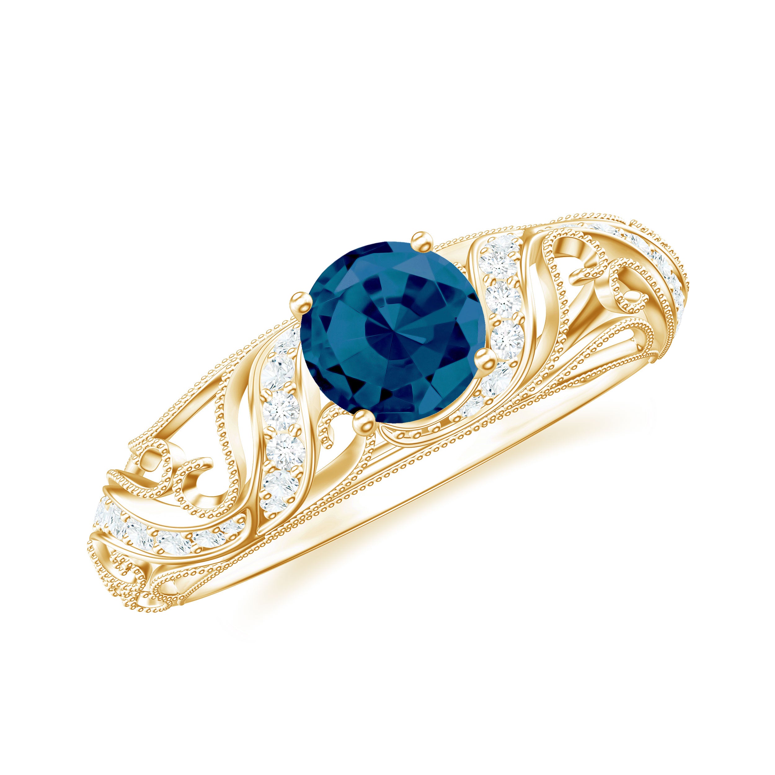 London Blue Topaz Vintage Inspired Engagement Ring with Diamond London Blue Topaz - ( AAA ) - Quality - Rosec Jewels