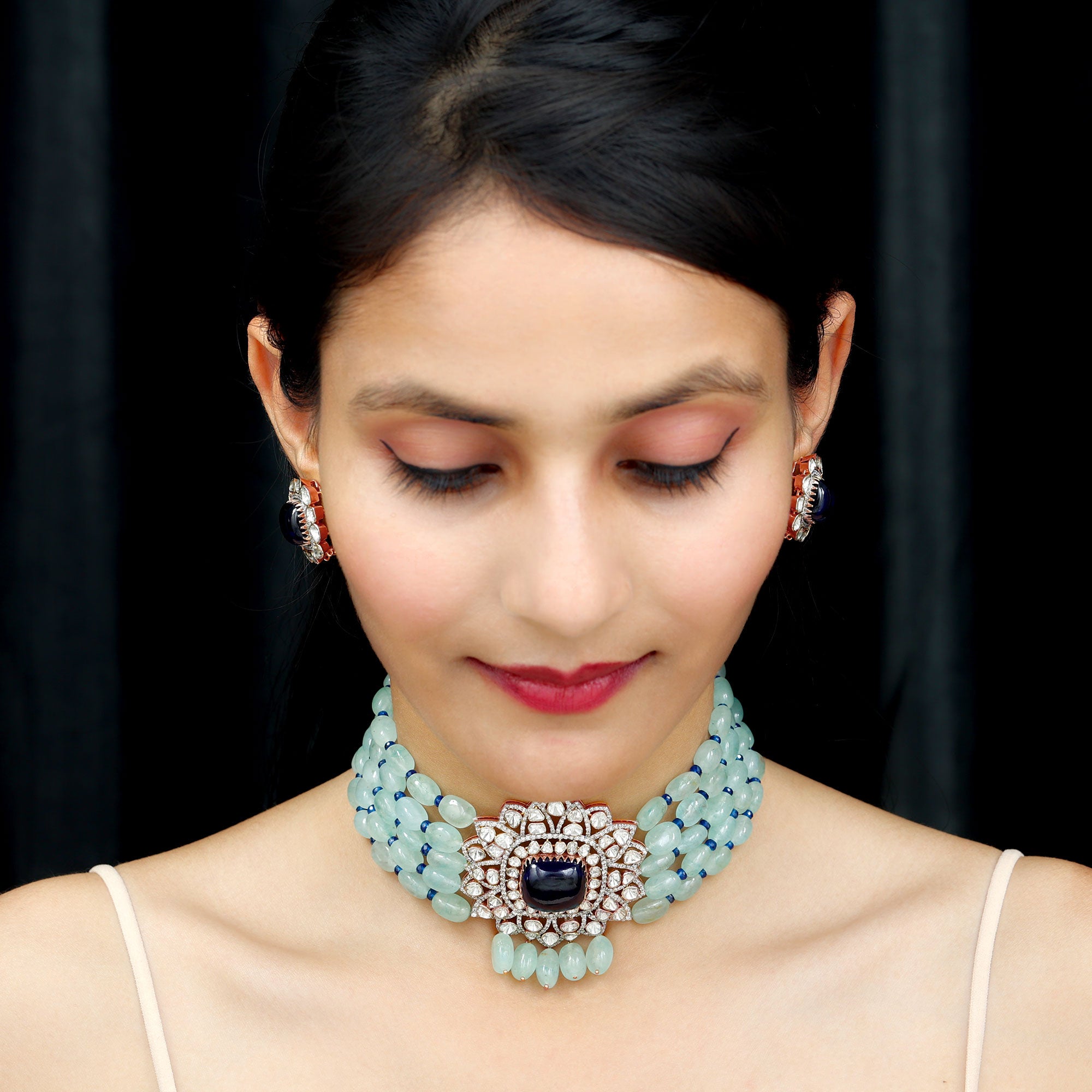 26 CT Created Tanzanite Polki Diamond Choker Necklace with Created Blue Sapphire and Beryl - Rosec Jewels