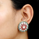 Diamond Polki Flower Stud Earrings with Created Tourmaline and Enamel - Rosec Jewels