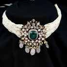 Created Emerald Flower Necklace with Polki Diamond and Morganite Accent - Rosec Jewels