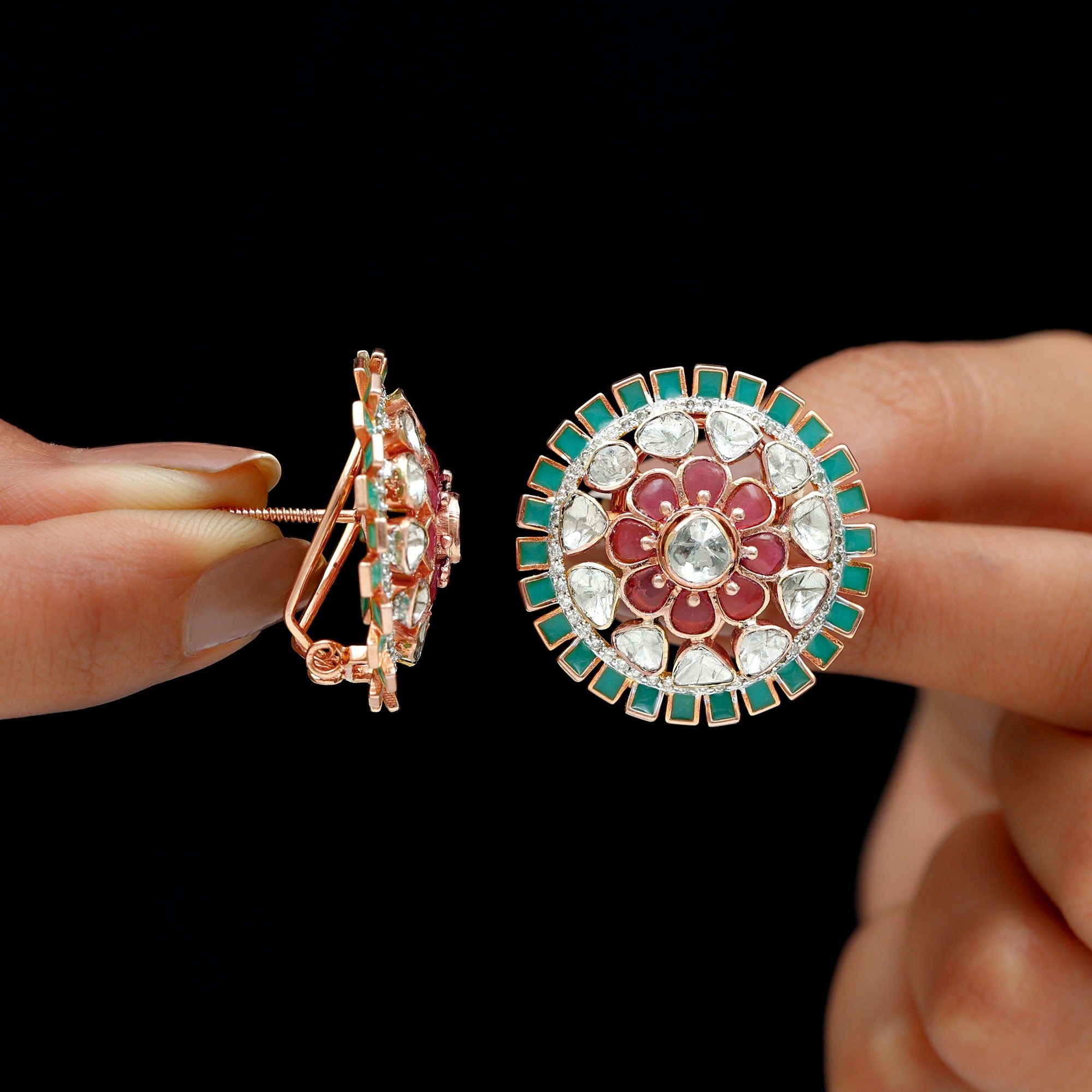 Diamond Polki Flower Stud Earrings with Created Tourmaline and Enamel - Rosec Jewels