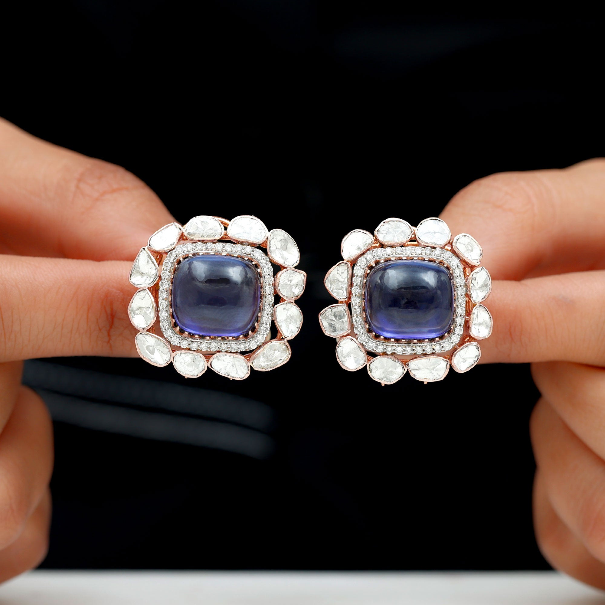 Lab Created Tanzanite Stud Earrings with Polki Diamond Double Halo - Rosec Jewels