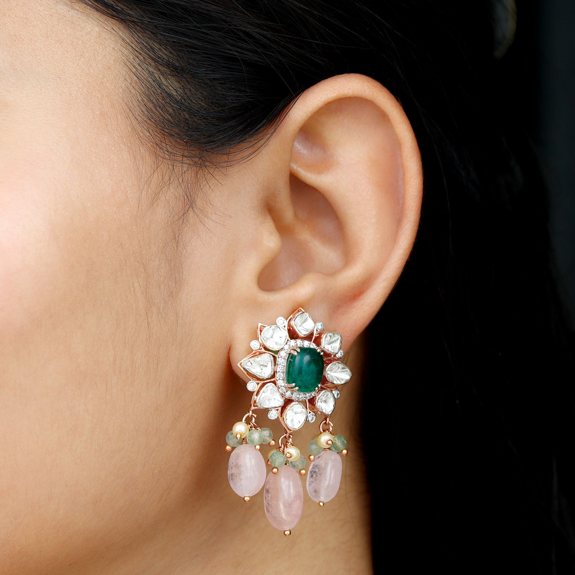 Created Emerald Diamond Polki Flower Drop Earrings with Morganite - Rosec Jewels