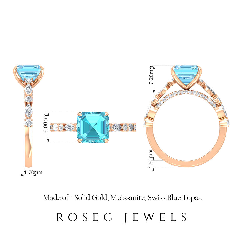 4 CT Asscher Cut Swiss Blue Topaz Solitaire Ring with Moissanite Swiss Blue Topaz - ( AAA ) - Quality - Rosec Jewels